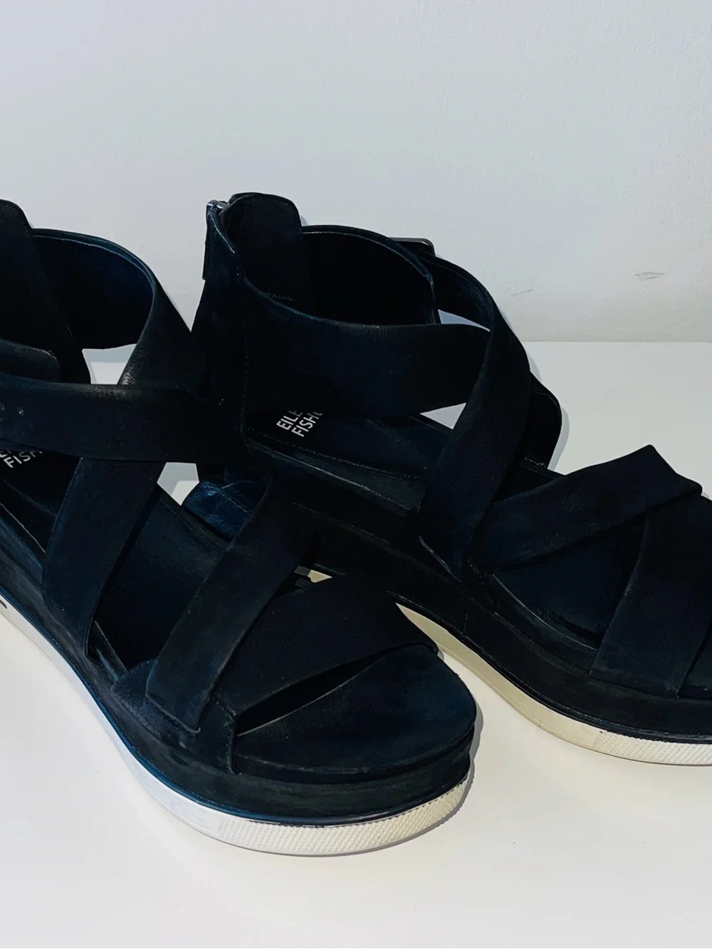 Eileen Fisher Black Suede Strappy Platform Sandal, Size 9.5